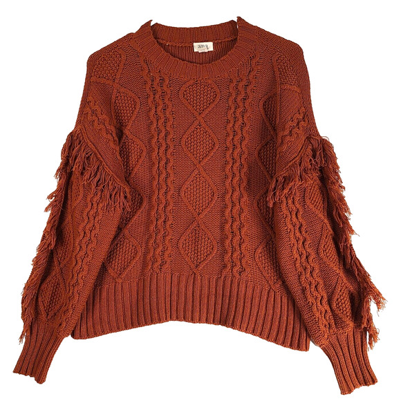 ANA Cable Knit Sweater Petite Small Bishop Sleeve Rust Orange Fringe Bohemian - Picture 1 of 13